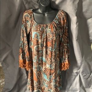 Brown, black and turquoise paisley dress.